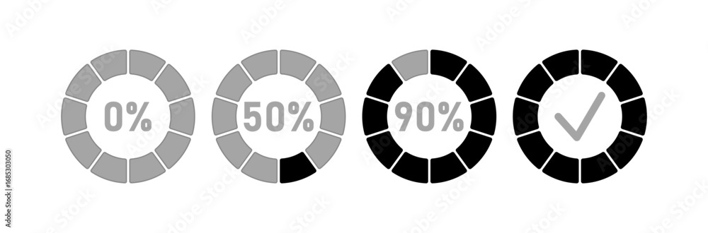 Poster loading progress circles. the circle icon template segment ranges from 0% to 100%. design for set of