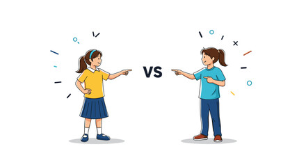 Two young girls pointing at each other in a friendly competition