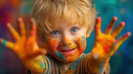 A joyful child with colorful paint on their face and hands, smiling brightly against a vibrant background.