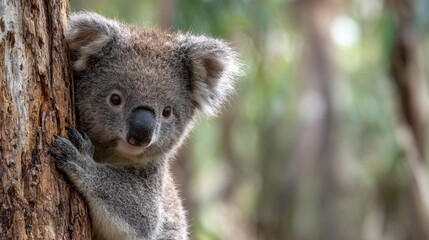 Obraz premium A koala clinging to a eucalyptus tree with blurred forest background, natural lighting