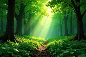 Obraz premium Lush green forest scene, dappled sunlight filtering through leaves, creating a magical atmosphere Perfect for nature, ecology, and environmental themes , moss, ecosystem, vibrant