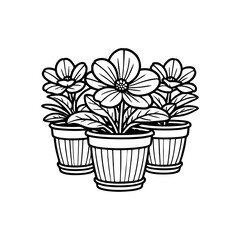 Flower Pot Arrangement with Blooming Flowers for Decoration Line Art Vector