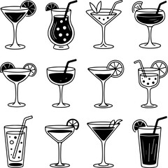 Collection of cocktail glass doodles and sketches, perfect for beverage and hospitality designs