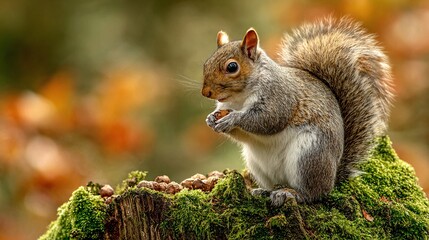 Obraz premium A squirrel holding an acorn while sitting on mossy tree stump, autumn background