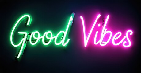 Bright neon sign displays Good Vibes text. Green, pink illumination contrasts dark background. Positive message, modern aesthetic.