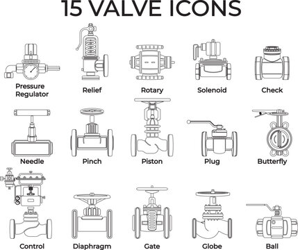 Valve icons vector set including pressure regulator, relief, rotary, solenoid, check, needle, pinch, piston, plug, butterfly, control, diaphragm, gate, globe, and ball valves for engineering design.