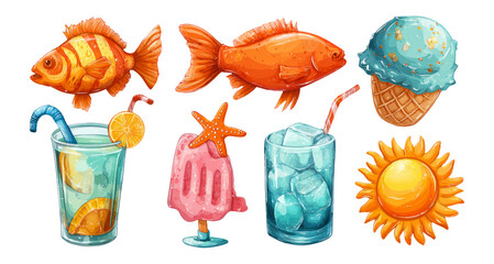 Colorful Set of Summer Drinks, Ice Cream, Goldfish, and Sun Illustration