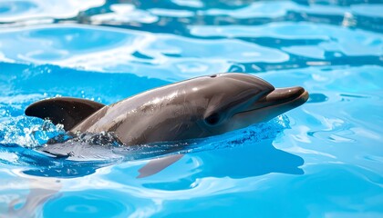 A young dolphin gracefully swims in a vibrant blue pool