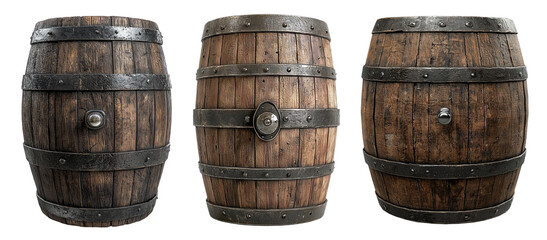 Obraz premium Vintage Wooden Barrels with Metal Bands Perfect for Rustic Backgrounds