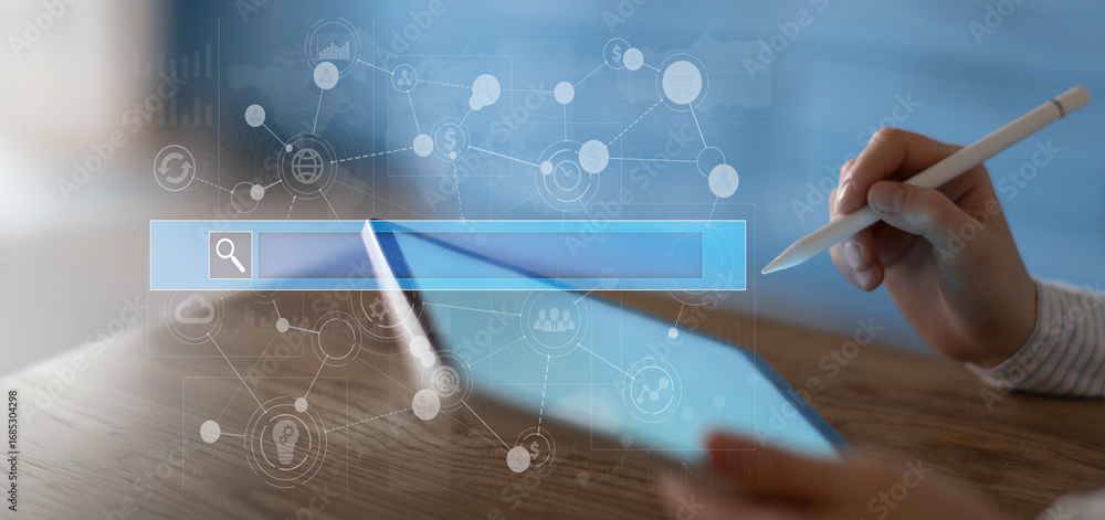 Poster seo online search engine interface and digital information network displayed on a tablet.