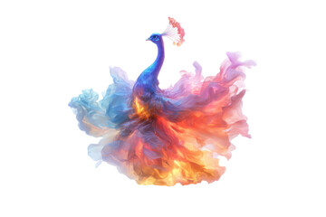 Fototapeta premium Colorful Peacock Display: A majestic peacock, bursting with vibrant hues, flaunts its tail feathers in a dynamic splash of artistic expression.