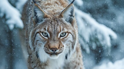 Fototapeta premium A lynx moving silently through snowy forest, intense gaze