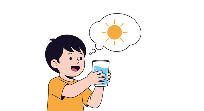 Young boy holding a glass of water while thinking about the bright sunny day outdoors
