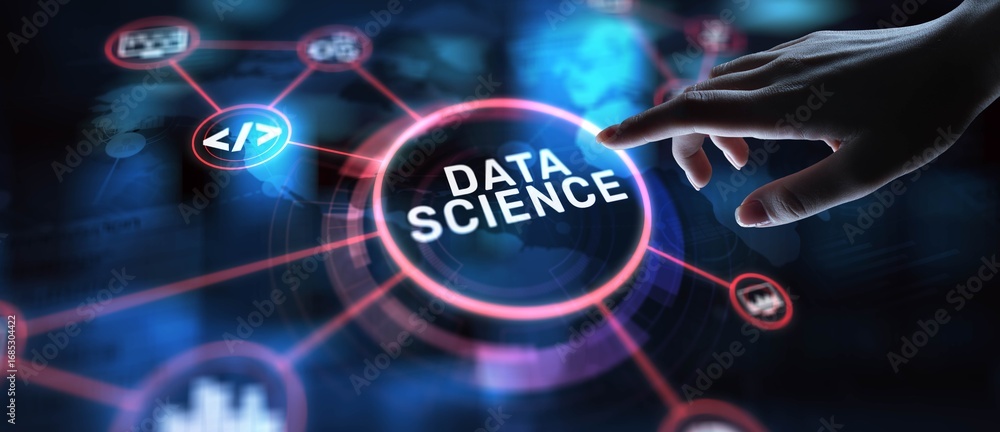 Poster data science analyzing and interpreting complex data, projection on a virtual screen, business and t