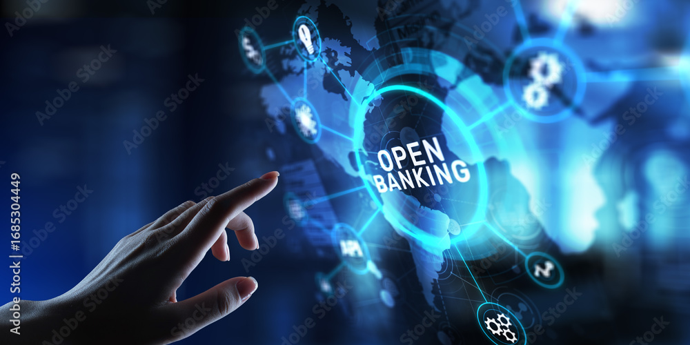 Poster open banking enabling secure financial transactions and data sharing, projection on a virtual screen