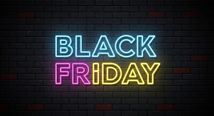 Obraz premium Neon sign glowing with Black Friday words on a dark brick wall, concept for sale and shopping