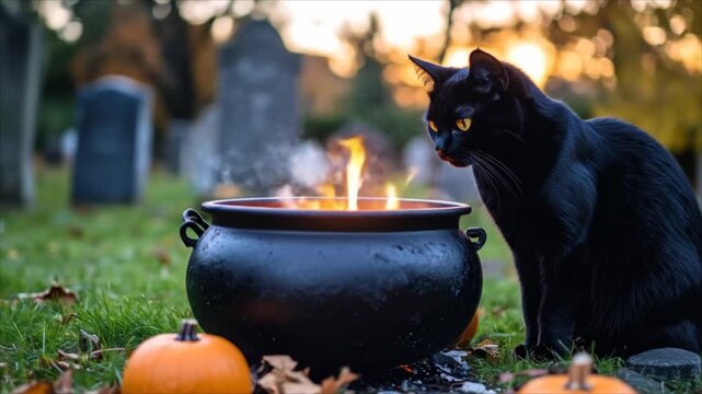 Black cat near halloween cauldron