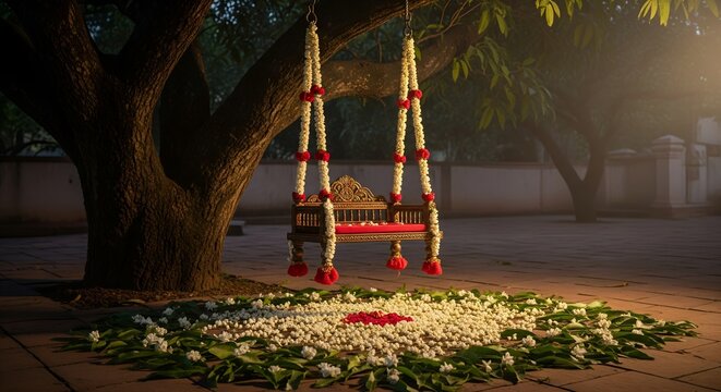 Ornate Indian Jhula Swing under Ancient Mango Tree at Dusk, Bathed in Lantern Light, Evoking Serene Village Romance.