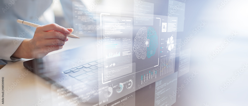 Poster big data analytics and business intelligence dashboard interface in digital environment.