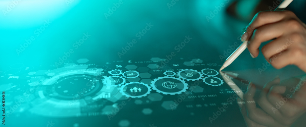 Poster digital business automation and data management technology concept.