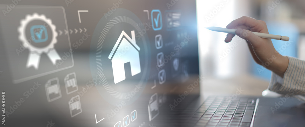 Aufkleber digital property certification and real estate approval workflow interface on touchscreen.