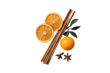Aromatic Composition: A visual symphony of citrus, spice, and nature, featuring sliced orange circles and whole orange, complemented by cinnamon sticks, leaves, and star anise, exuding warmth, flavor.