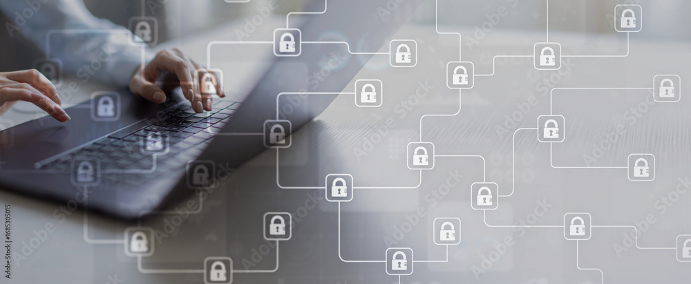 Poster cybersecurity protecting data with encryption and security measures on a wide banner, business and t