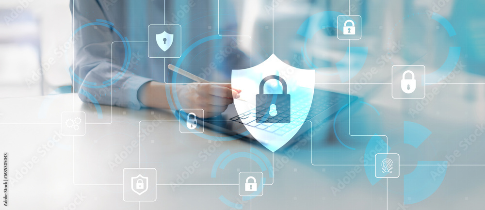 Poster cybersecurity and data protection in digital networks technology concept.