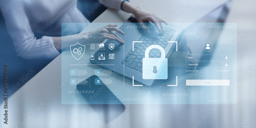 Poster secure login and cybersecurity authentication interface technology concept.