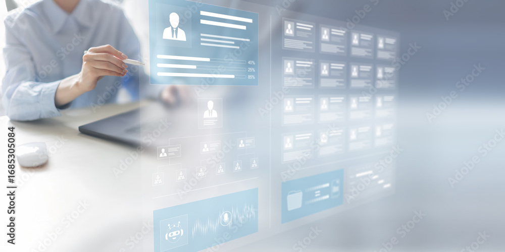 Poster digital human resources management and organizational structure displayed on a virtual interface.