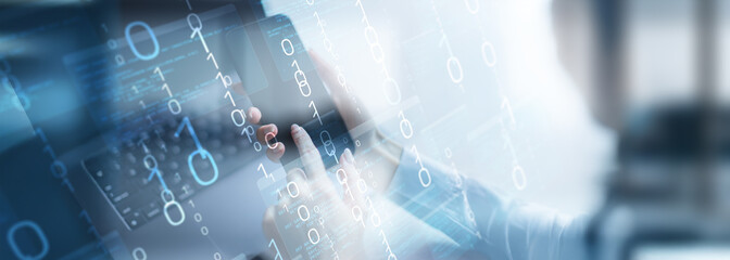 Binary Code and Digital Data Streams Displayed on Futuristic Transparent Interface.