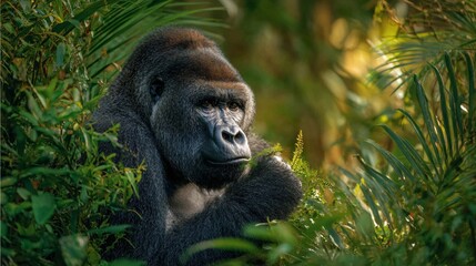 Obraz premium A gorilla sitting in dense jungle eating vegetation
