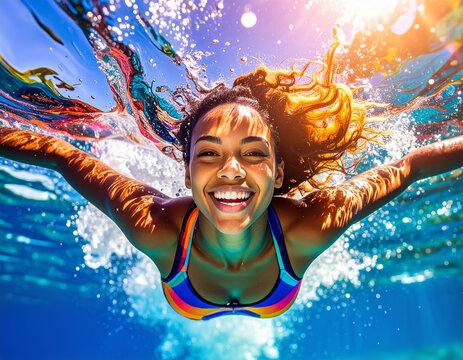 Smiling Female Swimmer Underwater in Colorful Swimsuit