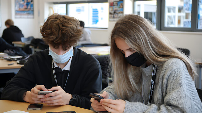 Two classmates immersed in a mathematical challenge on their mobiles (2) - Powered by Adobe