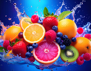 Fresh Feast Of Mixed Fruits Splash with Citrus, Berries, and Kiwi