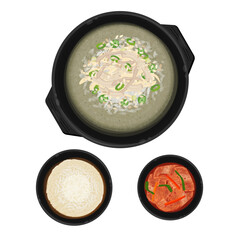 Vector Illustration Logo Clipart Top View Korean Bapsang Dak Gomtang with Kimchi and Rice 