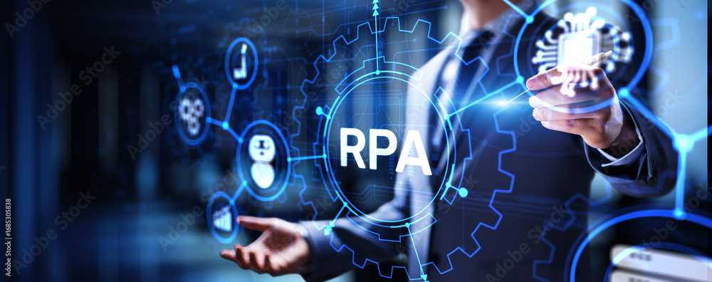 Poster rpa robotic process automation innovation technology concept on virtual screen.