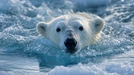 A polar bear swimming among floating ice