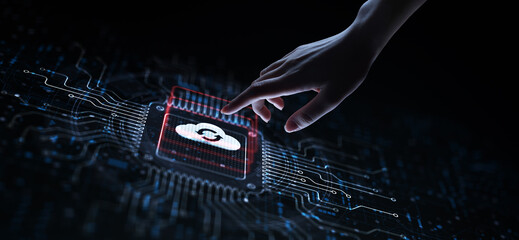 Cloud Enabling Scalable Solutions for Data Storage Illustrated on a Processor Touched by a Human...
