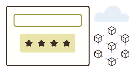 User rating platform with star review panel alongside interconnected blockchain nodes and cloud symbol. Ideal for blockchain, tech innovation, decentralization, reviews, transparency, cloud