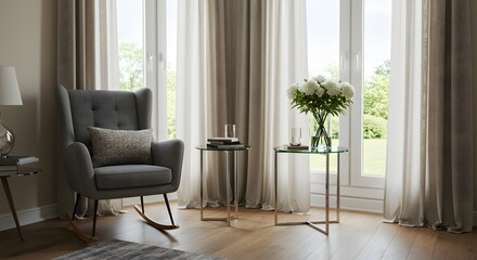 Elegant Living Room Interior with Rocking Chair and Floral Arrangement
