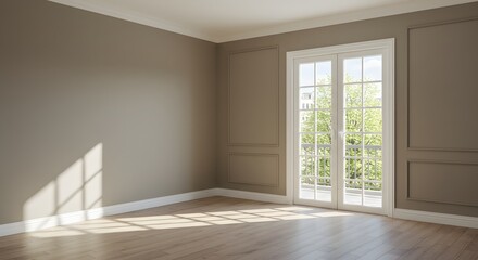 Obraz premium Empty Room Interior with French Doors and Sunlight