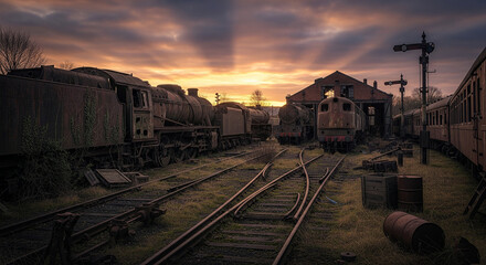 Obraz premium Abandoned steam trains rest in a derelict railyard at sunset, a scene of industrial decay and forgotten history.