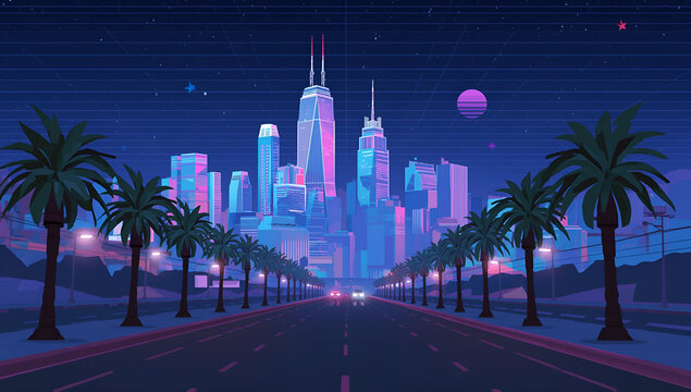 Driving to Cityscape at Night with Palm Trees in Retro Style