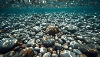 Obraz premium Underwater Riverbed Scene with Smooth Stones and Clear Water Reflection