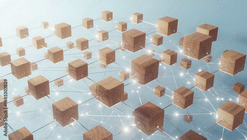 Poster Connected Wooden Cubes Abstract Network Representation Data and Technology Concept