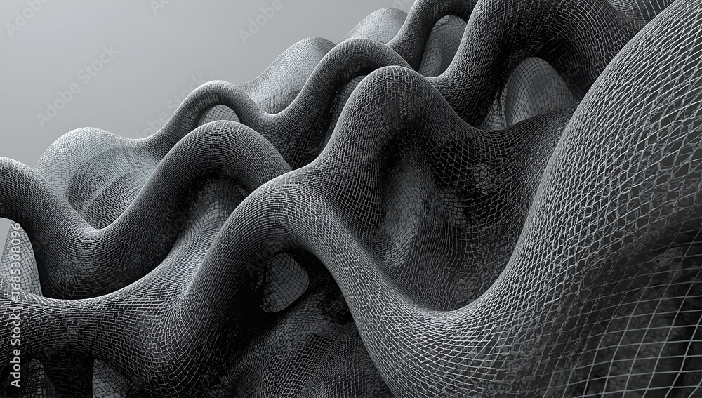 Poster Abstract Wavy Mesh Surface Rendering with Geometric Pattern in Dark Silver