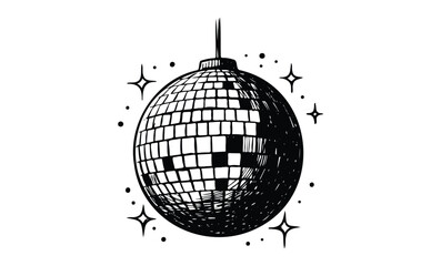 Black and white disco ball with sparkles. Vector retro hand drawn illustration