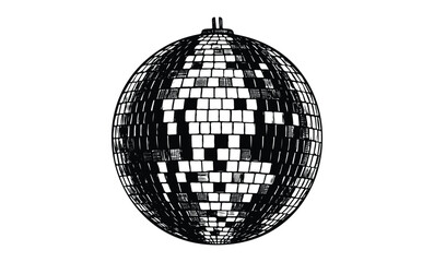 Intricate black and white geometric disco ball design with checkerboard pattern. Vector retro hand drawn illustration
