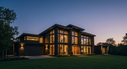 Modern dark-wood luxury home illuminated at dusk, showcasing expansive windows and sleek design.
